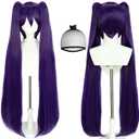 JoneTing Dark Purple Ponytail Wig+ Hair Cap Long Purple Straight Wig with Double Ponytais and Bangs for Women Long Violet Hair for Anime Cosplay Halloween Party Costume Outfit