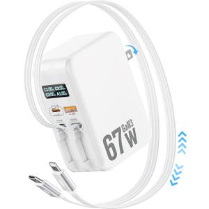 67W Retractable Phone Charger Wall Plug,4 in 1 Retractable Wall Charger with Dual Cables &2 Ports&LED Display,PD 30W USB C Fast Charging Block for iPhone 17 16 15 14 13 Pro Max,Galaxy 25 24, Tablet