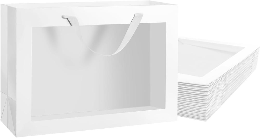 PACKQUEEN 12pcs White Gift Bags with Transparent Window, 16x6x12 Inches Extra Large Gift Bags with Handles for Wedding Graduation Mother's Day Festivals Party Present (Glossy White)