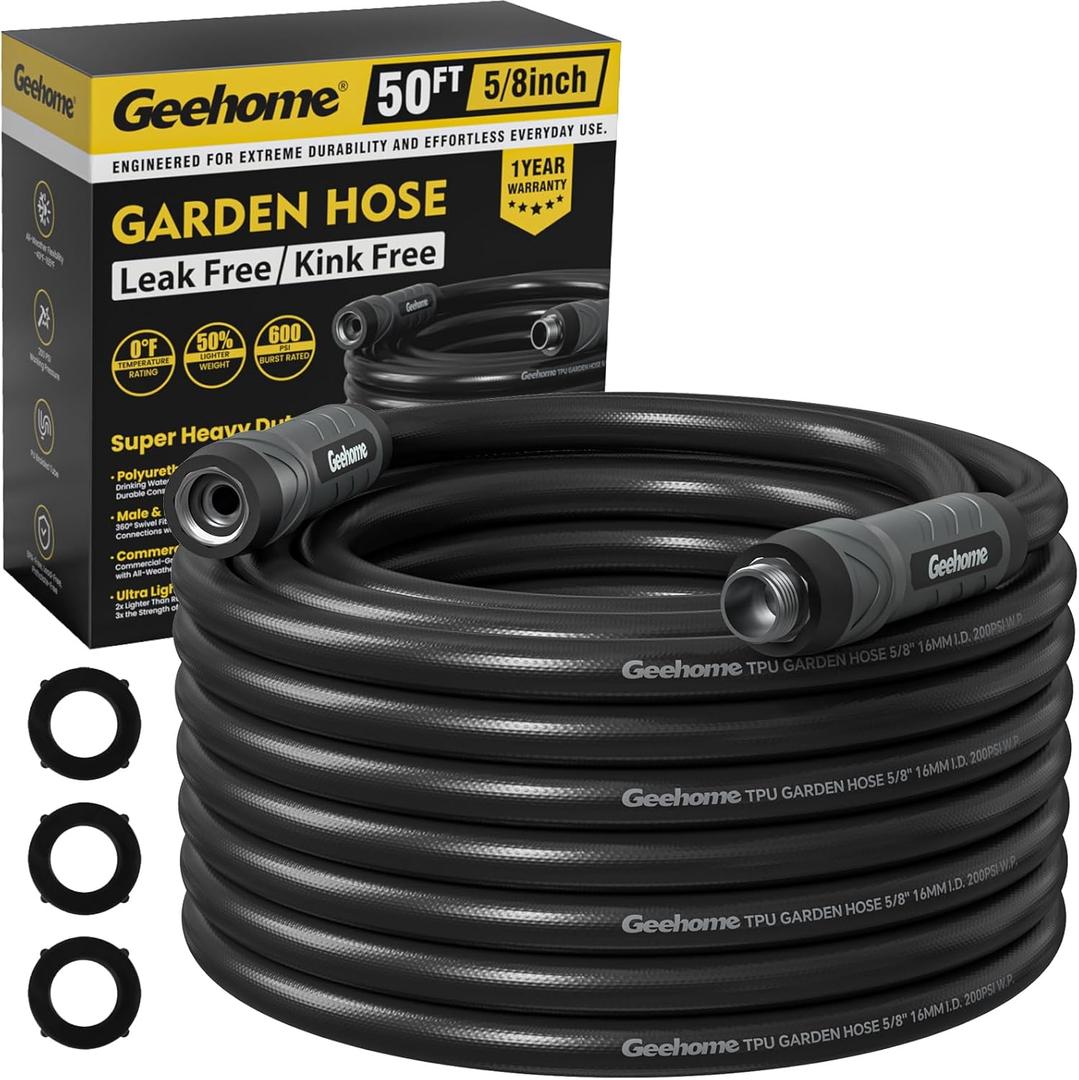 50ft Polyurethane Garden Hose, 5/8 in Lightweight Flexible Water Hose with Swivel Fittings, All-Weather, No-Kink Memory, Commercial Duty, Perfect for Home and Commercial Applications