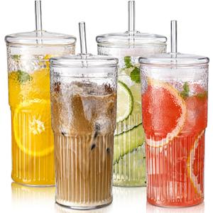 DWTS DANWEITESI Glass Cups with Lids and Straws 4 Pcs,20oz Glasses Drinking Set Vintage Textured Clear Iced Coffee Cups with Lids,Reusable Glass Tumbler with Straw and Lid for Coffee Bar Accessories