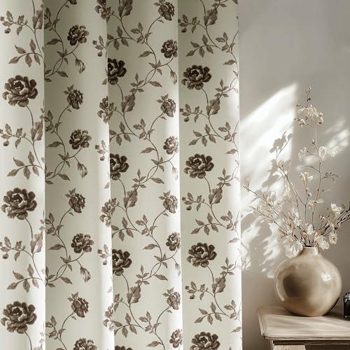 Beauoop Floral 100% Blackout Curtains 63 Inches Long 2 Panels for Bedroom Living Room Brown on Beige Vintage Rose Flower Patterned Room Darkening Thermal Soundproof Grommet Window Drapes, 52X63
