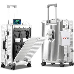 YYW All Aluminium Luggage With Spinner Wheels Lightweight PC hardside Rolling Suitcase, Built-In TSA lock Carry on Suitcase, with Cup Holder, USB Port, Phone Holder (Silver,24inch/39x25x65cm)
