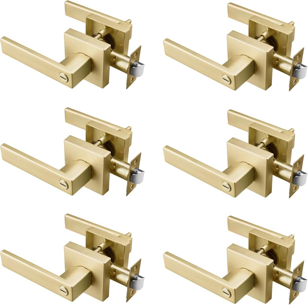 6 Pack Gold Door Handles, Interior Door Knobs Door Lever for Bath & Bedroom (Satin Brass)