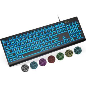 SABLUTE Large Print Backlit Keyboard, Wired USB Lighted Computer Keyboards with 7-Color & 4 Modes Backlit, Oversize Letters Keys Easy to See and Type, Keyboard Compatible for PC, Laptop (Black)