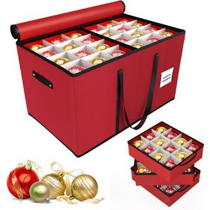 Christmas Ornament Storage Box, Stores 96-4" Large Ornaments with Individual Trays, Ornament Organizer Storage Box, Durable 600D Oxford Material, Extra Pockets, Dual Zipper - Red