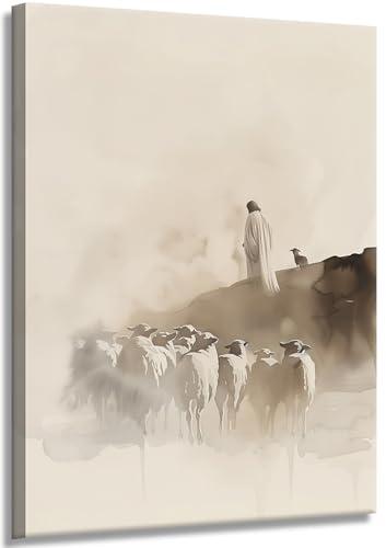 Jesus leaving 99 sheep Canvas Wall Art Jesus and Lamb Wall Decor Picture Good Shepherd Poster Print Bible Story Painting Artwork for Bedroom Home Room Decoration Prepare To Hang 16x24in