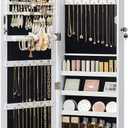 SONGMICS 6 LEDs Mirror Jewelry Cabinet, 47.2-Inch Tall Lockable Wall or Door Mounted Jewelry Armoire Organizer with Mirror, 2 Drawers, 3.9 x 14.6 x 47.2 Inches, White UJJC93W