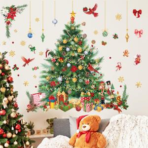 Decorated Christmas Tree Wall Decals, Cardinal Birds Gold Snowflakes Festive Elements Wall Stickers for Home Shop Holiday Party Wall Decoration