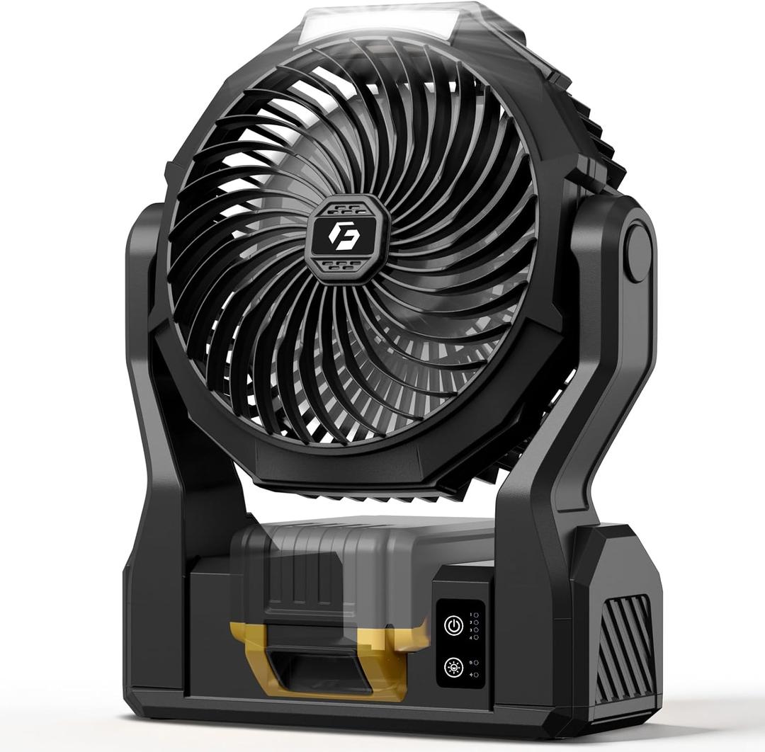 Battery Operated Fan for Dewalt 20V Max Battery, 5.7m/s High Speed Rechargeable Portable Fan with USB Powered & 4 Speed & 2 Light for Camping, Workshop, Garage, Jobsite (Not Included Battery) - Black