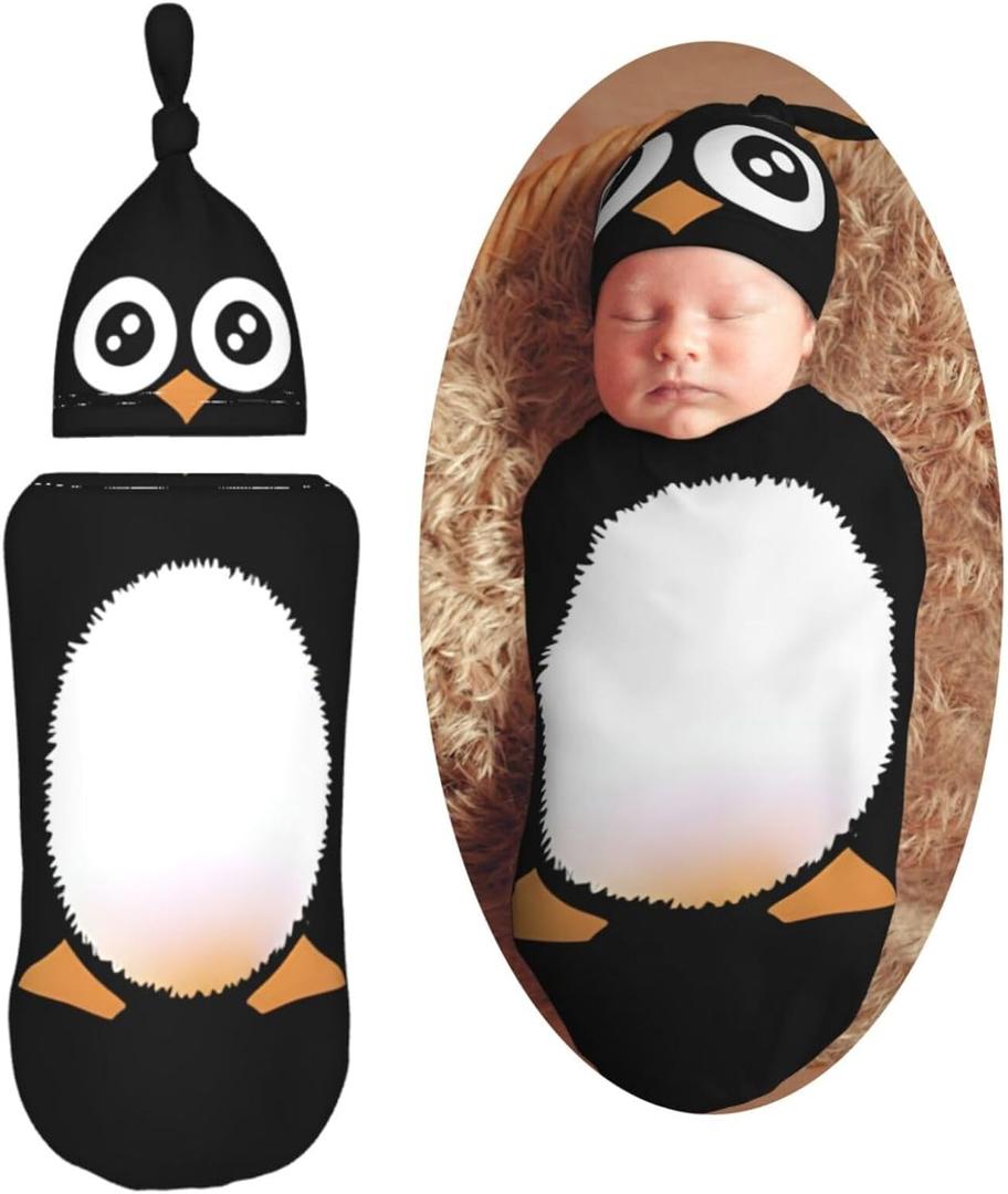 Cute Penguin Newborn Swaddle Blankets Hat Sets Soft Baby Receiving Blanket Swaddle Sack for Baby Shower Infant Boy Girl Gift One Size