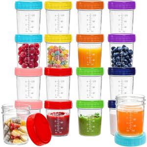 Jucoan 16 Pack Glass Baby Food Storage Jars, 6 Ounce Small Baby Food Storage Containers with Plastic Lids and Scale for Baby Meal Prep, Jam, Snack, Fruits, Microwave Dishwasher Safe