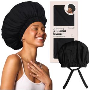 Kitsch XL Satin Bonnet for Sleeping - Softer Than Silk Hair Bonnet For Women - Secure Fit, Adjustable Night Cap For Curly & Textured Hair - Prevents Breakage, Tangles & Thinning - Black