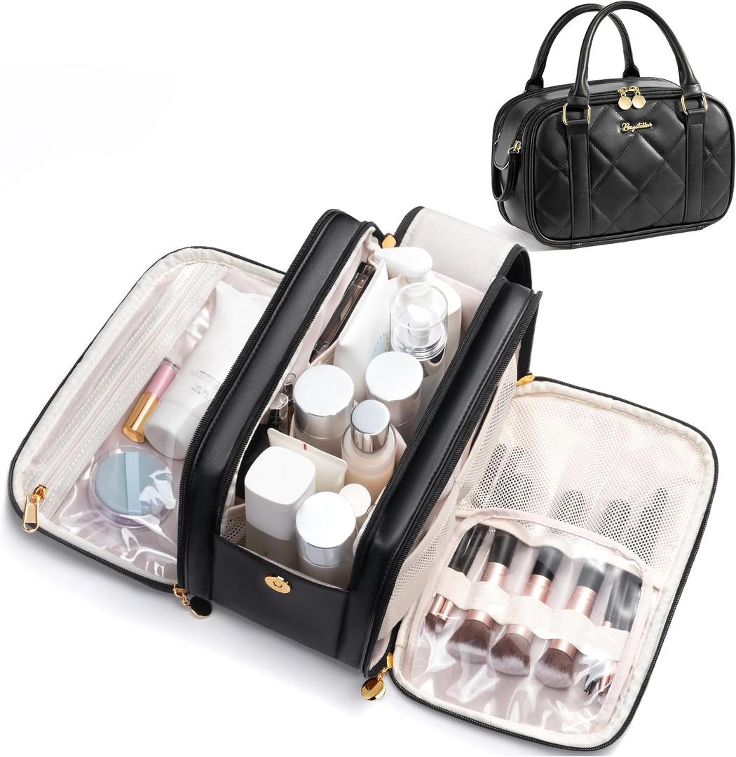 2 x Bagstellar Travel Makeup Bag, Large Capacity Quilted Toiletry Bag for Women Stand-up Cosmetic Bag Open Flat Make Up Case Organizer Portable Pouch Purse w/Handle for Traveling Accessories, Black