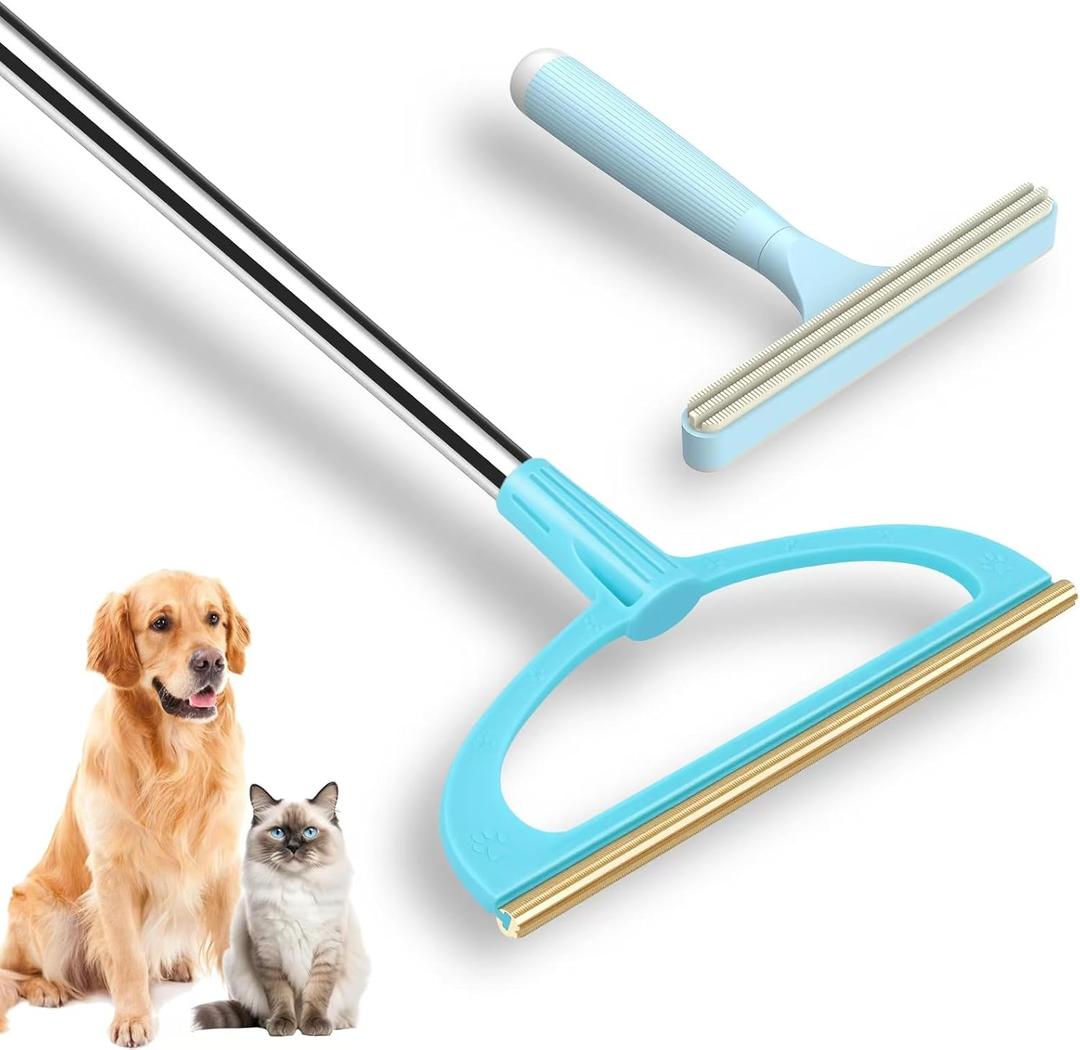 Carpet Rake for Pet Hair Removal, Reusable Pet Hair Removal Tool 56 Adjustable Long Handle Pet Hair Removal Broom, Cat Dog Hair Remover Carpet Brush Scraper for Rugs, Mats, Couch (Sky Blue)