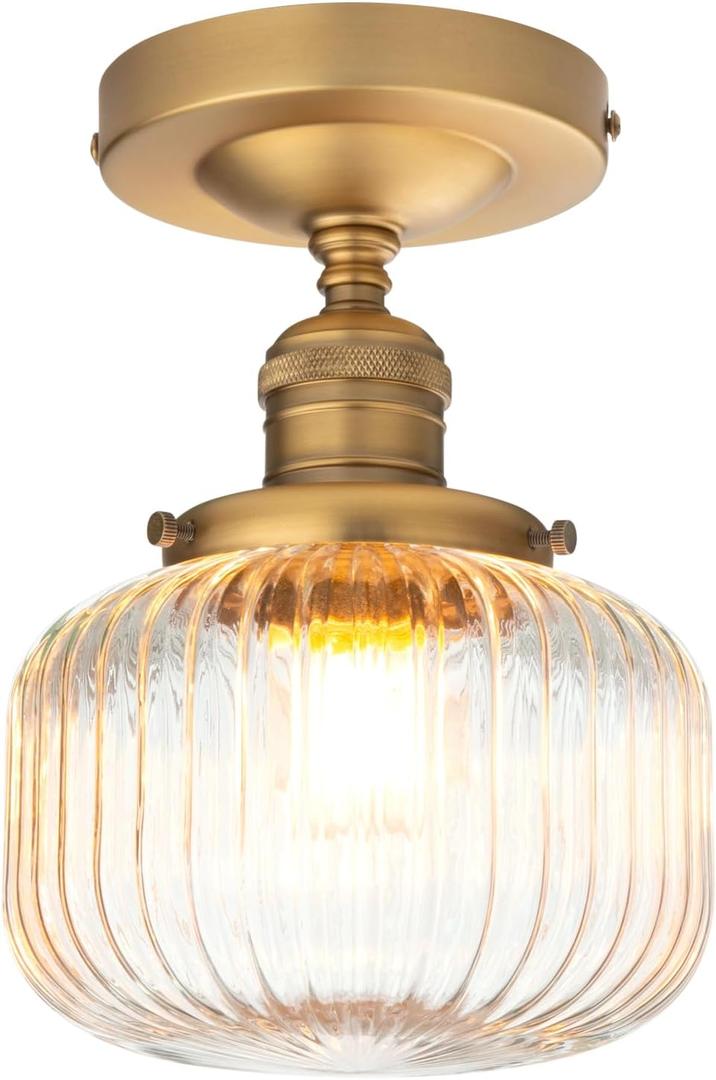 PERMO Small Semi-Flush Mount Ceiling Light Flat Ribbed Glass Shade, Antique Gold Finish, Modern Hallway Lighting Fixture
