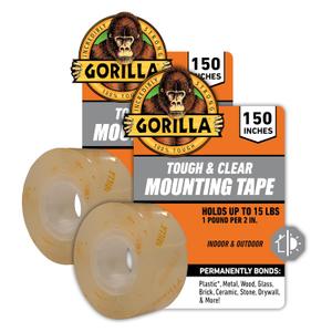 Gorilla Tough & Clear Double Sided Mounting Tape, Clear Tape, 1" x 150" (Pack of 2) - Weatherproof for Indoor or Outdoor