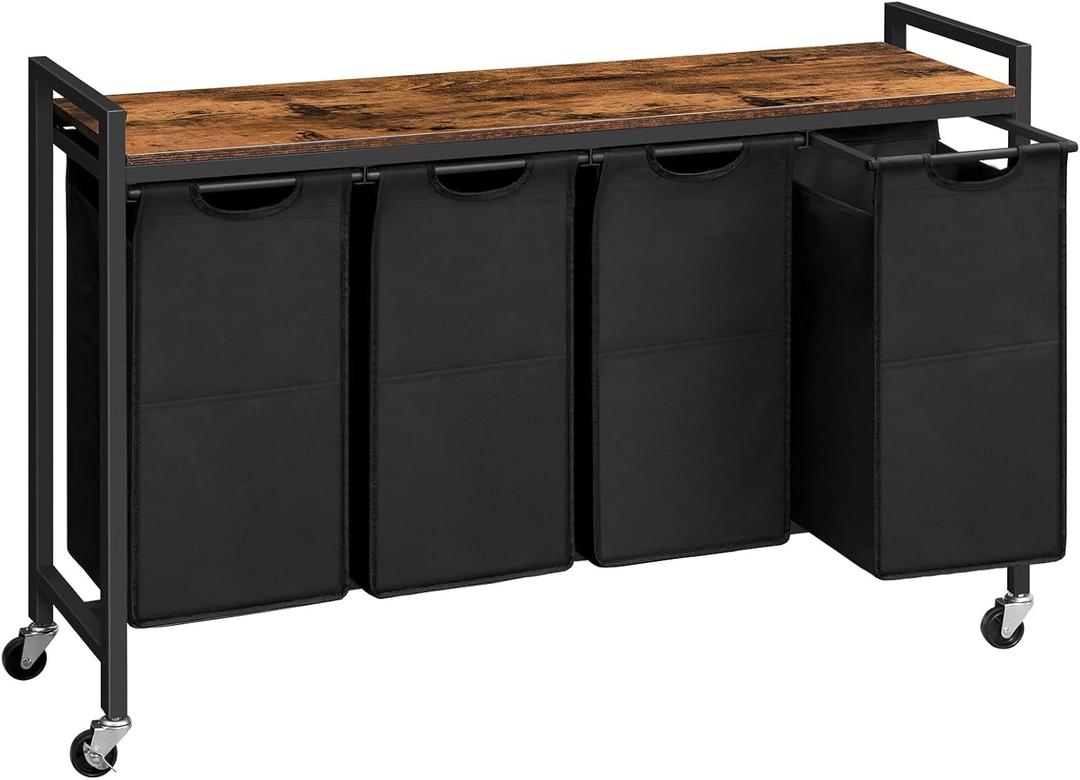 HOOBRO Laundry Sorter 4 Sections, Laundry Hamper with Wheels, 4 10.5 Gal (40 L), Rolling Laundry Basket, Pull-Out and Removable Oxford Fabric Bags, Rustic Brown and Black BF04XY01