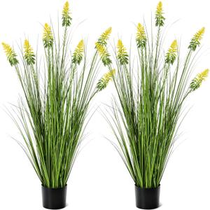 Jexine 2 Pieces Faux Plants Outdoor 4 ft Horsetail Reed Grass with Yellow Cockscomb Flower Tall Artificial Grass Plant Potted Faux Greenery Floor Plant for Housewarming Gift House Garden Lobby Outdoor