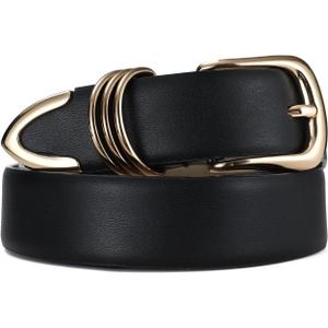 RISANTRY Women's Leather Belts with Gold Buckle Fashion Leather Waist Belt Elegant Ladies Belts for Jeans Gifts for Women (Black)