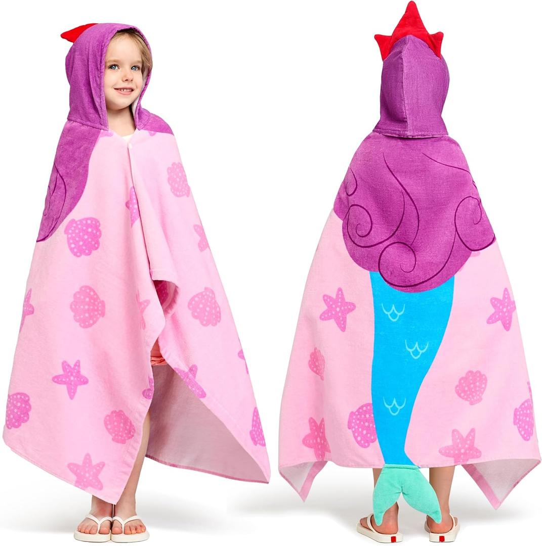 Joiedomi Mermaid Hooded Towel for Kids Soft 100% Cotton Bath Beach Towel 30" x 50" for Kids 3-10 Years Toddler Pool Poncho with Hood Absorbent Swim Wrap for Boys Girls