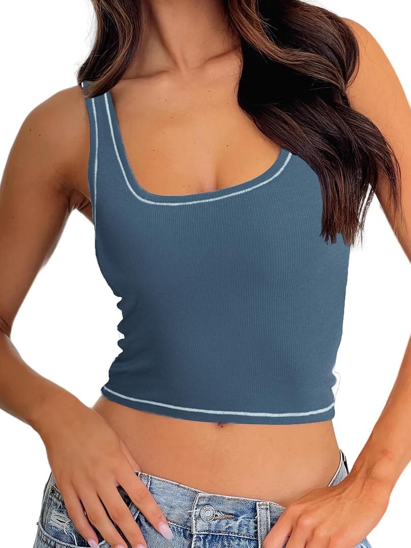 Danysu Women Rib Tank Top Padded Workout Top Square Neck Crop Tank Fitted Basic Cami Tops, L