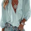 GORGLITTER Women's Ruffled Top Blouses Dressy Business Casual Button Up Long Sleeve V Neck Shirts Work Office Outfits (Blue, Small)