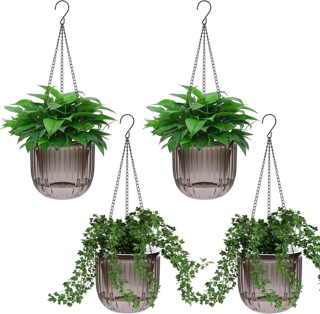Meanplan 4 Pcs Self Watering Hanging Planter Indoor 6.5 Inch Hanging Baskets for Plants Outdoor Plastic Flower Pot with 3 Hooks Chains Drainage Holes for Garden Home, Medium Size, (Gray)