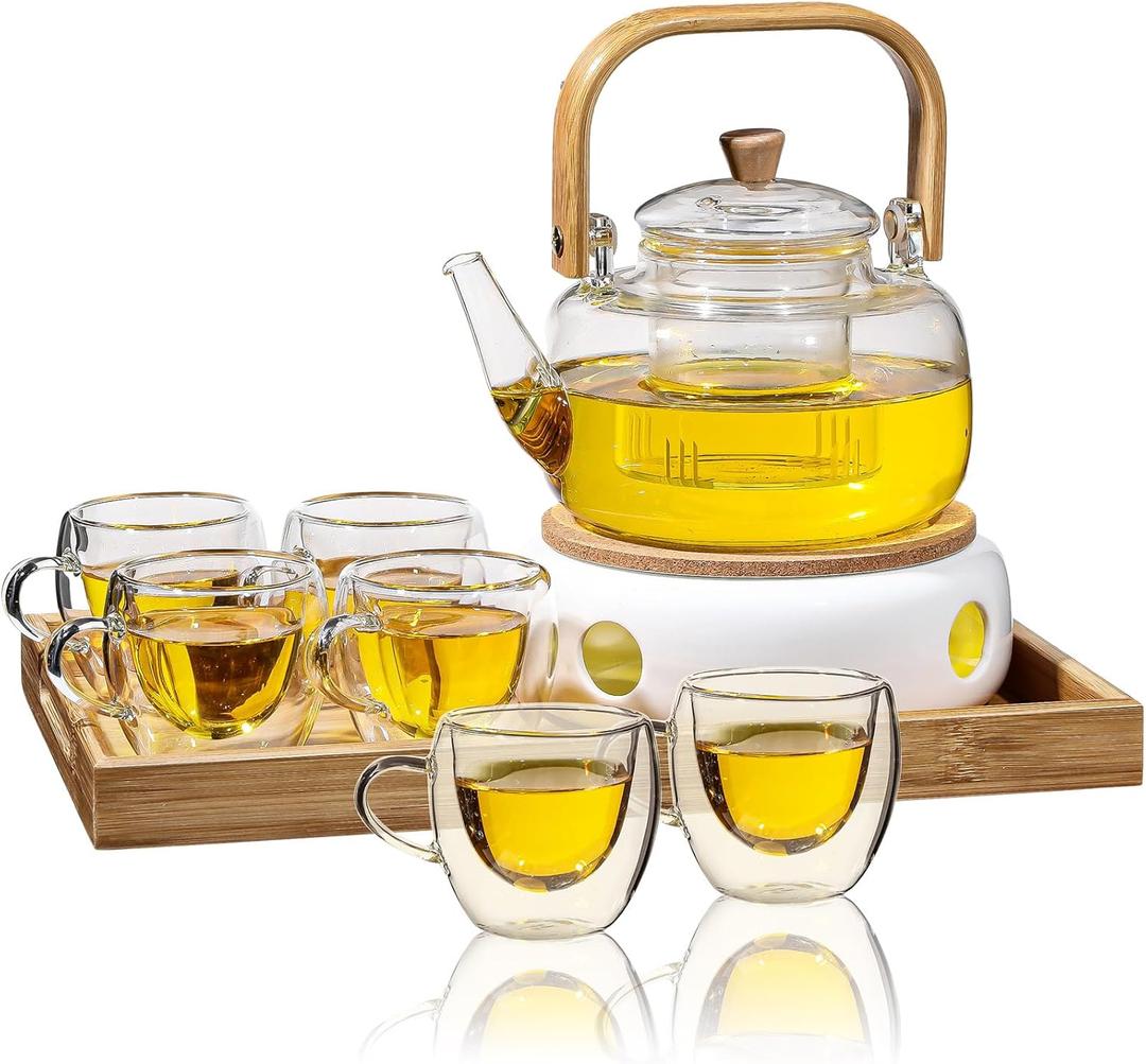 Sliner 9 Pcs Tea Set Glass Teapot, 33.8 oz Clear Glass Tea Kettle with Infuser 6 Pcs Insulated Cups Ceramic Teapot Warmer Wooden Bamboo Serving Tray(Delicate)