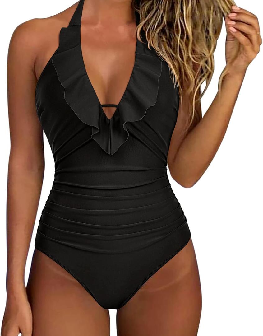 SUUKSESS Women Sexy Halter One Piece Swimsuits Ruffle Tummy Control Bathing Suit (Large, #1 Black)