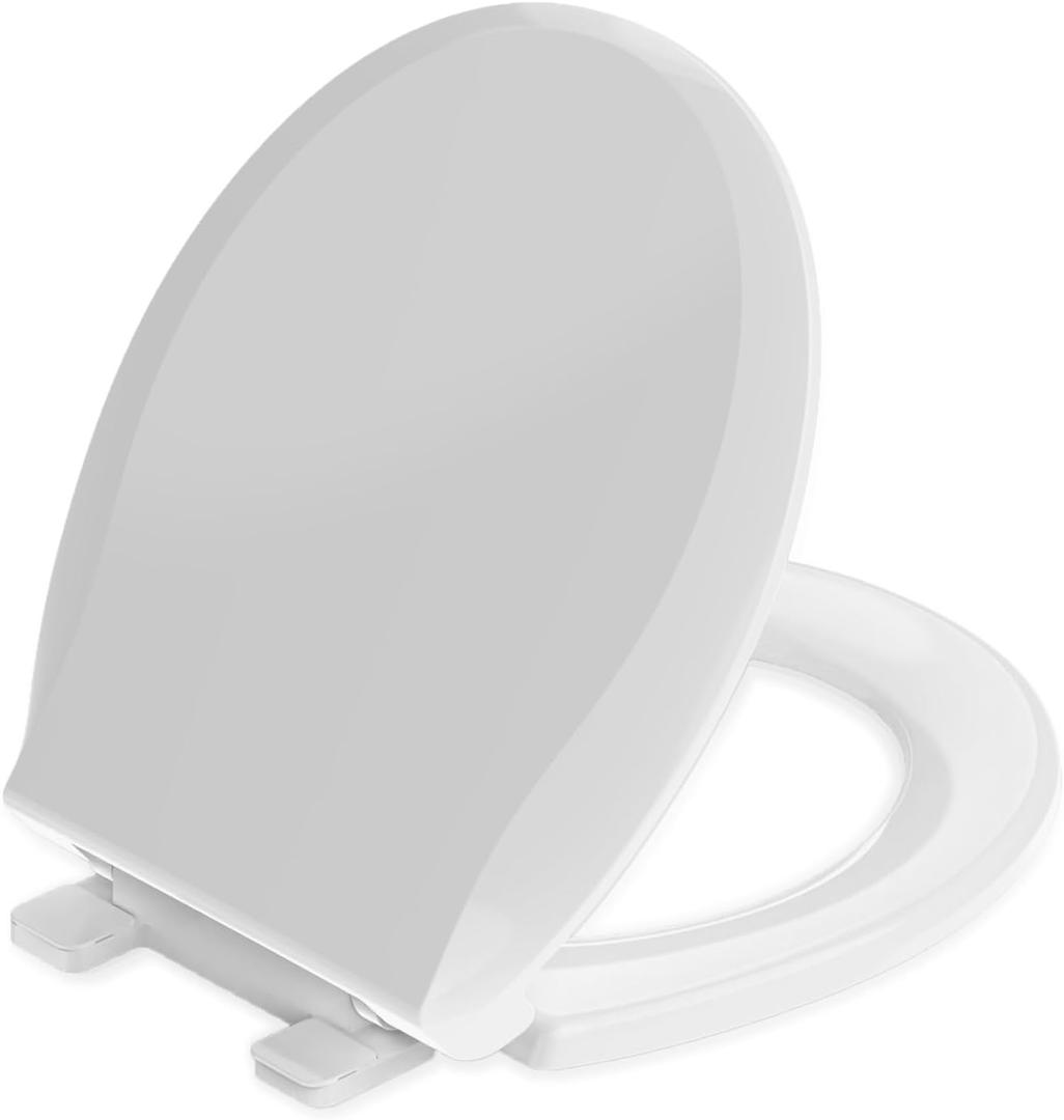 Round Toilet Seat Soft Close 16.5'', Standard Universal Toilet Lid Round with PP Material Safe, Easy to Clean and Install, Ergonomic design, Never Loosens, 2 Years Support, White Plastic