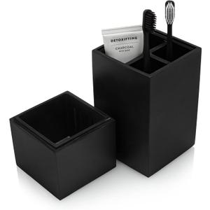 Essentra Home Toothbrush Holder with Lid, Elegant Matte Black Bathroom Toothbrush & Toothpaste Organizer  Matte Black Collection