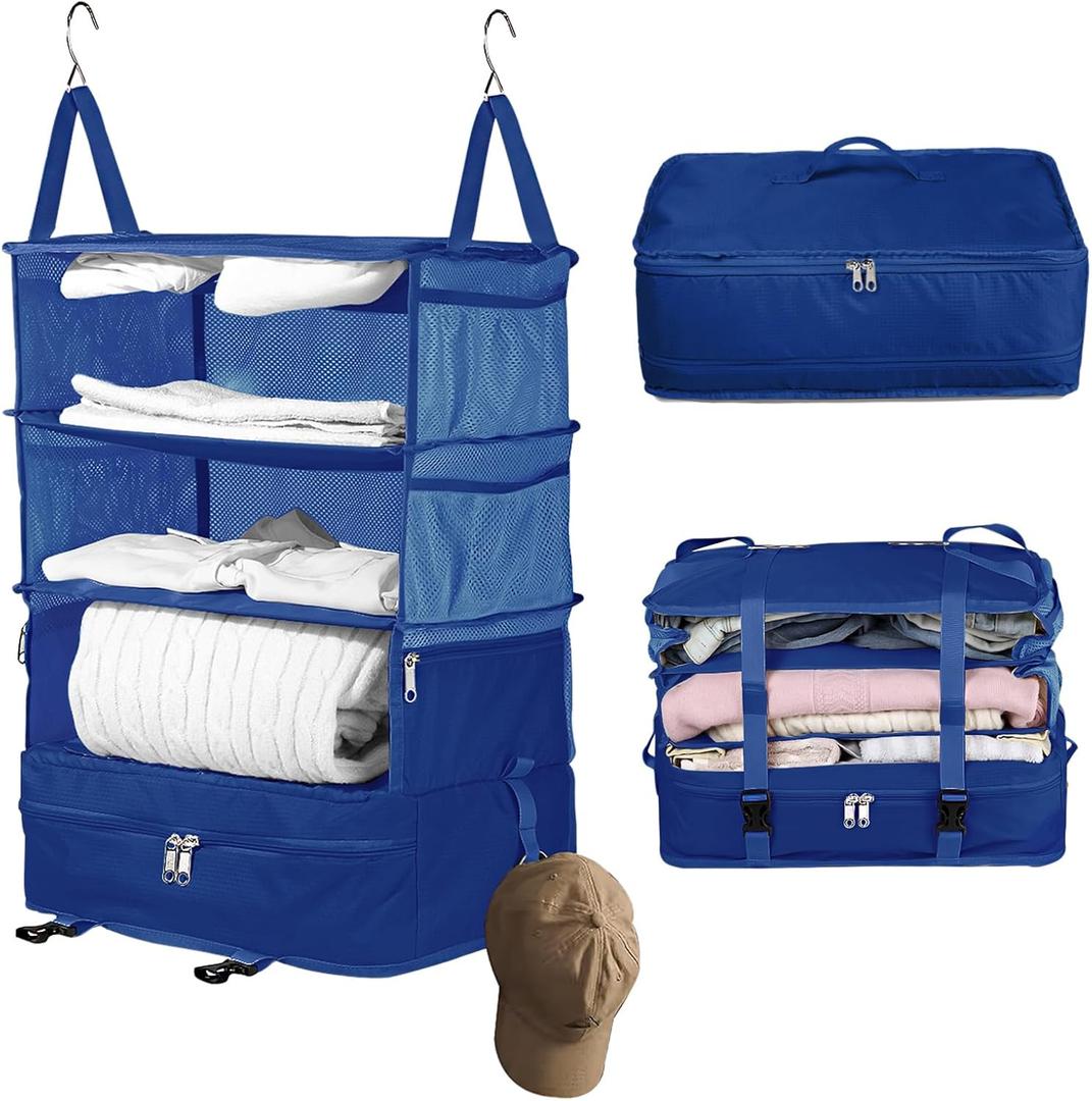 Bukere Hanging Packing Shelves for Luggage Suitcase, Portable Travel Cube Bag Organizer, Travel Essentials, Compression Closet Storage Organizer, X-Large Capacity (BLUE)
