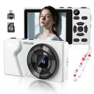 Vitaler Digital Camera with Front Rear Lens, Autofocus 64MP 4K Camera for Photography with 32GB Card, Portable Compact Point and Shoot Camera for Teens Adult Beginner with Metal Shell, 2000mAh Battery