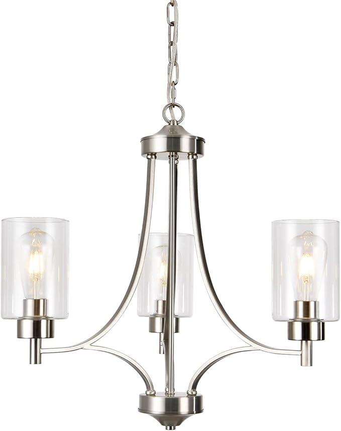 BOZO 3 Light Modern Chandelier Brushed Nickel Pendant Lighting Clear Glass Shades Contemporary Ceiling Light Fixtures for Dining Room Kitchen Living Room