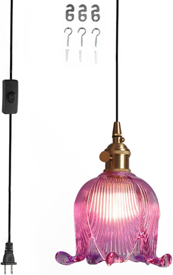 Hanging Swag Plug in Pendant Light Flower Shaped Purple Glass Plug Pendant Lamp with 15 ft Switch Cord Plug in Vintage Industrial Hanging Light for Kitchen Bedroom Background