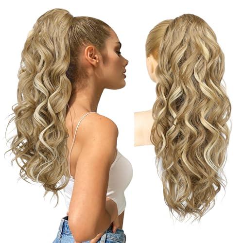 REECHO 24" Ponytail Extension Long Curly Claw Clip Ponytail Extension Jaw Clip in Pony Tails Natural Synthetic Hairpiece for Women Daily, Medium Blonde with Blonde Highlights