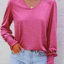 Dokotoo Women's Casual Long Sleeve Shirts Shirred Shoulders Solid Color Knit Tops Blouses (Pink, XXL)