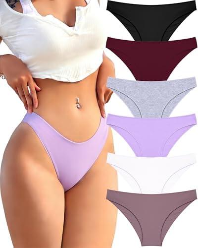 FINETOO 6 Pack Cotton Underwear for Women Cute Low Rise Bikini Panties High Cut Breathable Sexy Hipster Womens Cheeky Size large