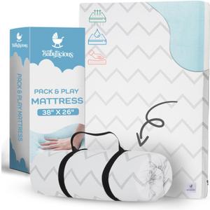 Babylicious Waterproof Pack and Play Mattress Pad - 38" x 26" | Roll Up Style - Breathable Soft Memory Foam - Portable Mattress Topper- Baby Foam Mattresses for Babies - Includes Easy Carry Buckle (Chevron)