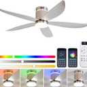 Carrefour 52 Inch Ceiling Fan with Light,Flush Mount Ceiling Fan with Remote and Speaker, Reversible, RGB Light, Dimmable, Quiet,Low Profile Ceiling Fans for Bedroom Indoor/Outdoor Use, Nickel (Matte Silver)