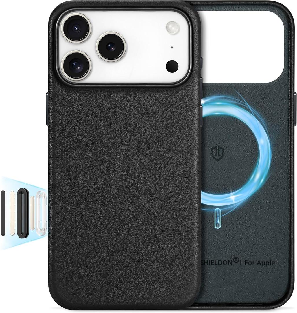 SHIELDON Genuine Leather Case for iPhone 17 Pro Max 6.9" 2025, Compatible with Magsafe, Updated Camera Button, Slim Magnetic Wireless Charging, Shockproof, Camera Bezel, Protective Phone Cover - Black
