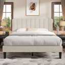 VECELO Queen Size Bed Frame with Upholstered Headboard, Velvet Platform Bedframe Mattress Foundation, Strong Wood Slat Support, No Box Spring Needed,Velvet Beige