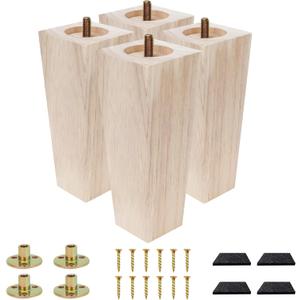 Furniture feet Table Legs Couch Legs Unfinished Square Bed Feet 6 inch Wood Replacement Leg for Furniture Set of 4, Natural (4set, 6in)