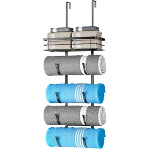 Over The Door Towel Rack, 5-Tier No Drill Towel Storage Organizer with Metal Shelf, Hanging Bath Towel Holder for Small Bathroom, Camper, Rv, Black