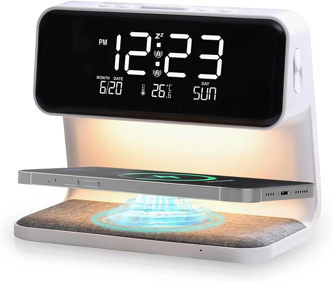 Alarm Clocks for Bedrooms,Wireless 15W Charging Station,Touch Adjustable 3 Level Brightness Bedside lamp,Alarm Clock for Heavy Sleepers,LCD Display withTemperature Display,Adapter and Charging Cable