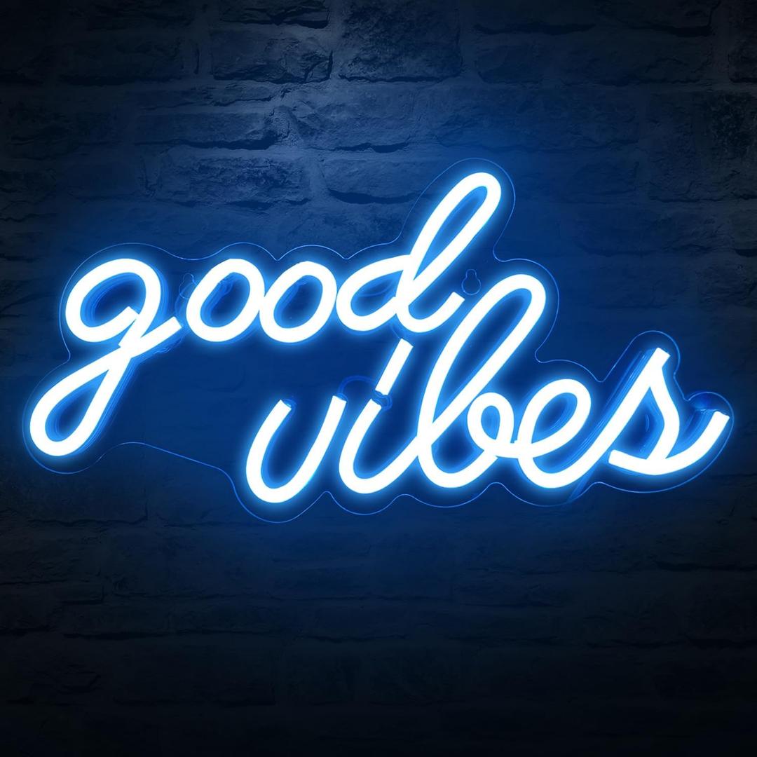 DECANIT Good Vibes Neon Sign Ice Blue, Cool LED Light for Wall Decor, Game Room, Man Cave, Bar, Streamer Setup, USB Powered Gamer Gift, 16.1x8.3 Inch