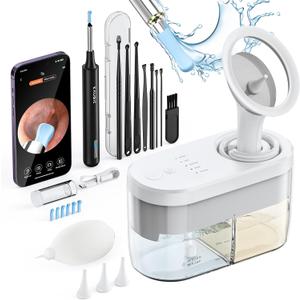 Ear Wax Removal Tool Camera - FSA/HSA Eligible Ear Irrigation Flushing System & Ear Cleaner with Camera 1080 HD, Ear Flushing Kit for Adults with One-Piece Waste Tank, Earwax Removal Kit White XL