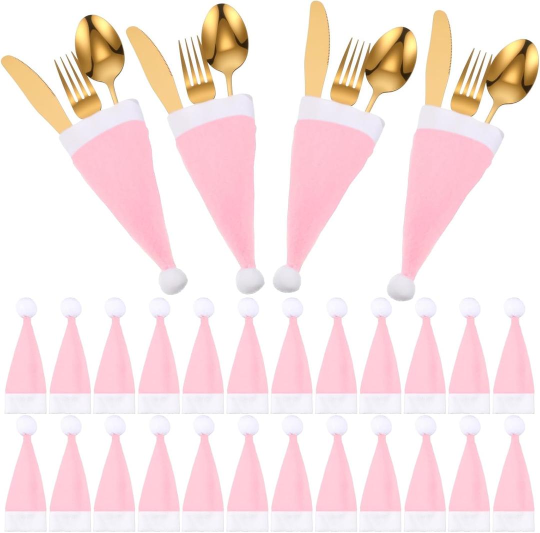Sunnymove 30 Pack Christmas Santa Hats Silverware Holders Mini Santa Hats Xmas Party Dinner Table Dinnerware Decorations Christmas Party Supplies for Knife, Fork, Candy (Pink)