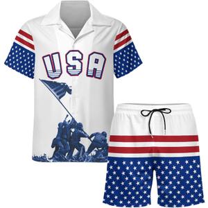 Men's 4th of July Outfits Independence Day Suit USA Flag White Blue Shirt Shorts for American Patriots (White, M)